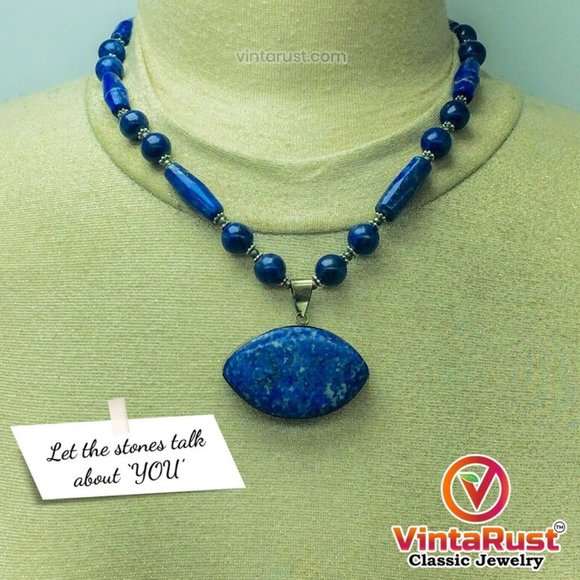 Lapis Lazuli Stone Pendant Necklace, Beaded Chain Lapis Stone Necklace, Nomadic - Picture 1 of 6